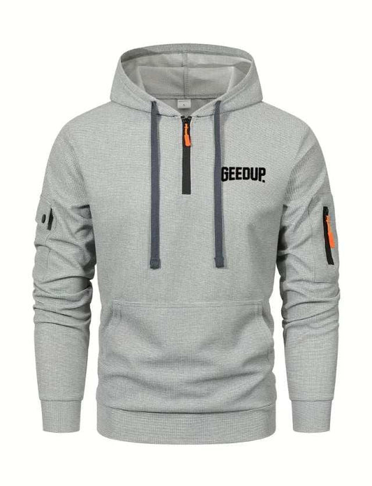 GEEDUP gray men's activewear hoodie with front pocket and zipper details
