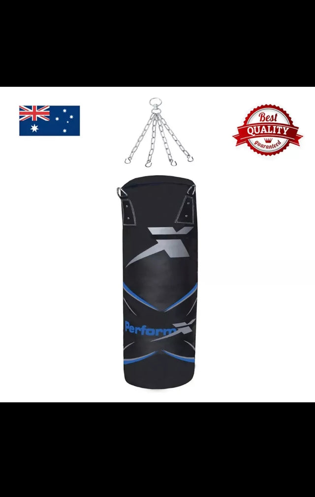 Black boxing punch bag with blue printing and hanging chains for MMA training