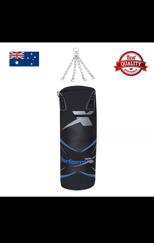 Black boxing punch bag with blue printing and hanging chains for MMA training