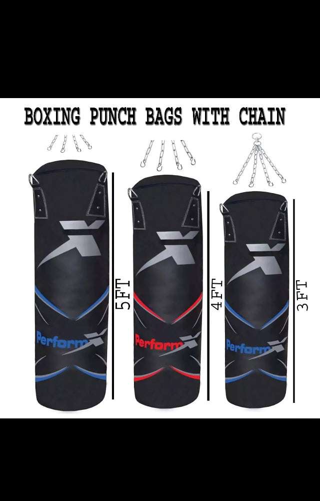 Set of three boxing punch bags with chains for MMA and martial arts training, sizes 5ft, 4ft, and 3ft, in black with red and blue accents