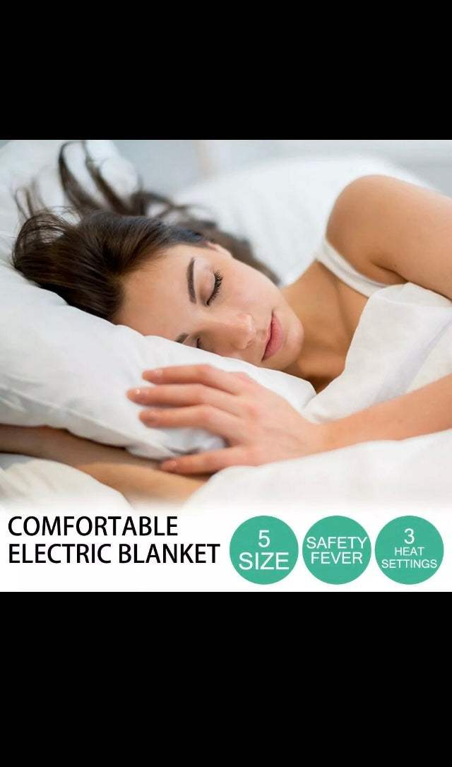 Woman sleeping under a comfortable electric blanket with 5 sizes, safety fever, and 3 heat settings
