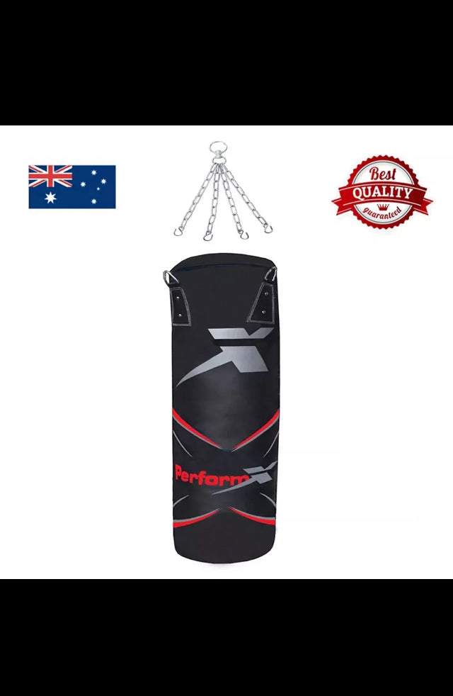 Black boxing punching bag with chains for MMA and martial arts training with best quality badge and Australian flag background