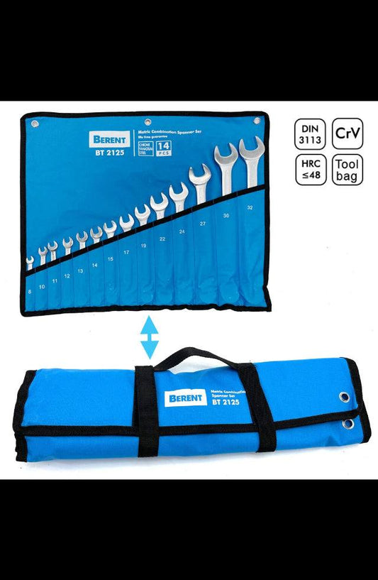 German Standard 14PC combination spanner wrench set 8-32mm in blue tool bag